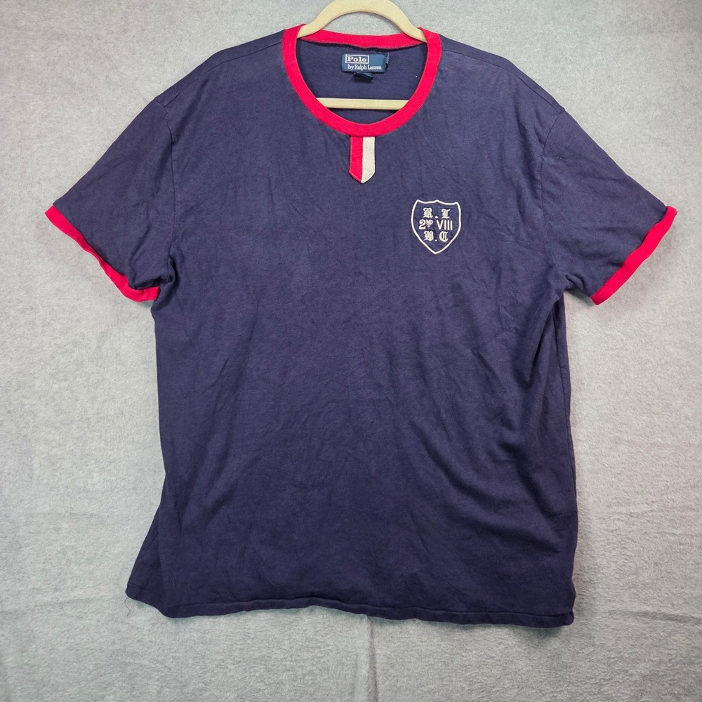 Polo Ralph Lauren T-Shirt Mens XL Navy Blue Red Ringer Crest Notched Neck